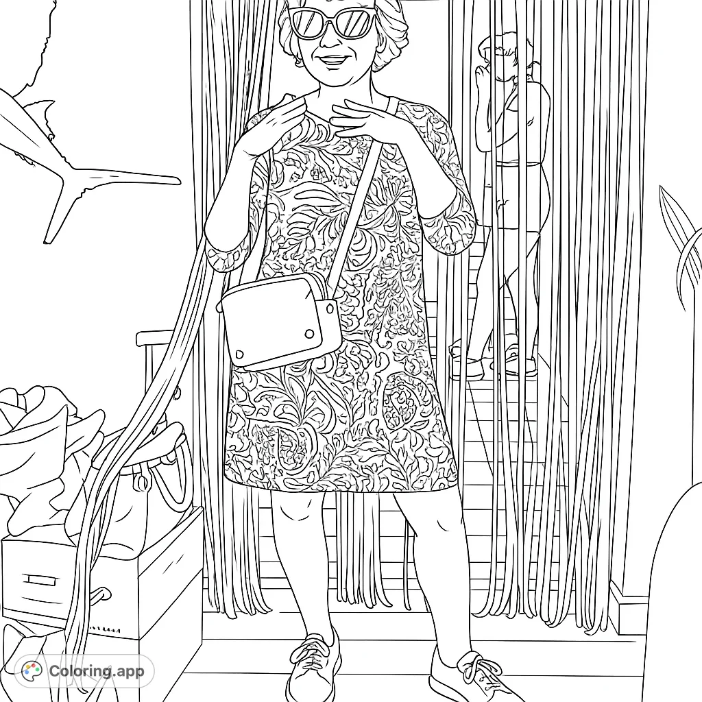 A stylish person in a patterned dress stands smiling in a doorway adorned with a curtain of vertical strands. A fun, intricate design for all ages.