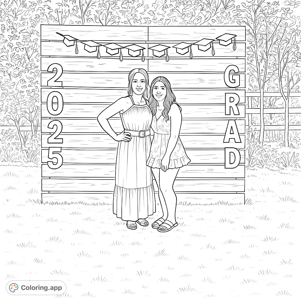 Celebrate a special graduation with this detailed coloring page featuring two figures in front of a '2025 GRAD' backdrop, perfect for commemorating achievements.