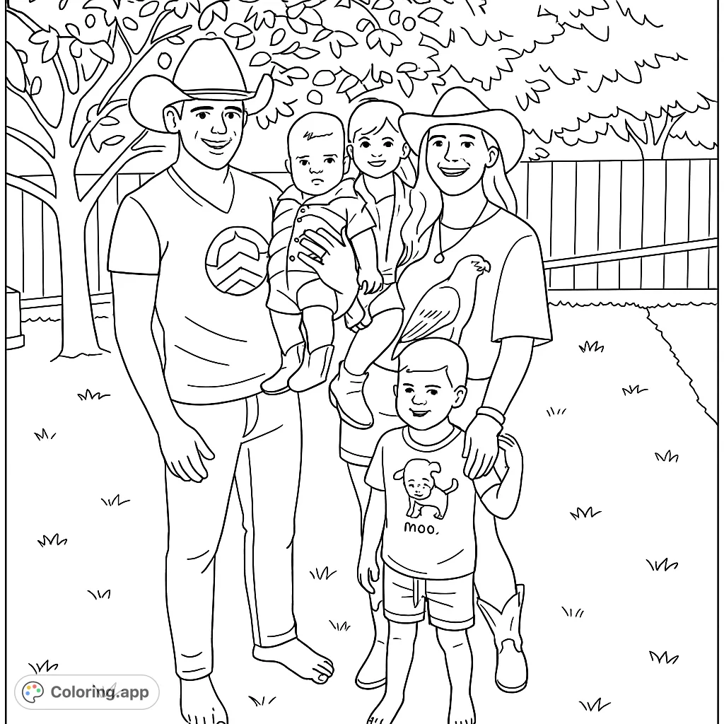 A charming cowboy family coloring page featuring two adults and two children in a backyard setting. Perfect for simple, fun coloring.