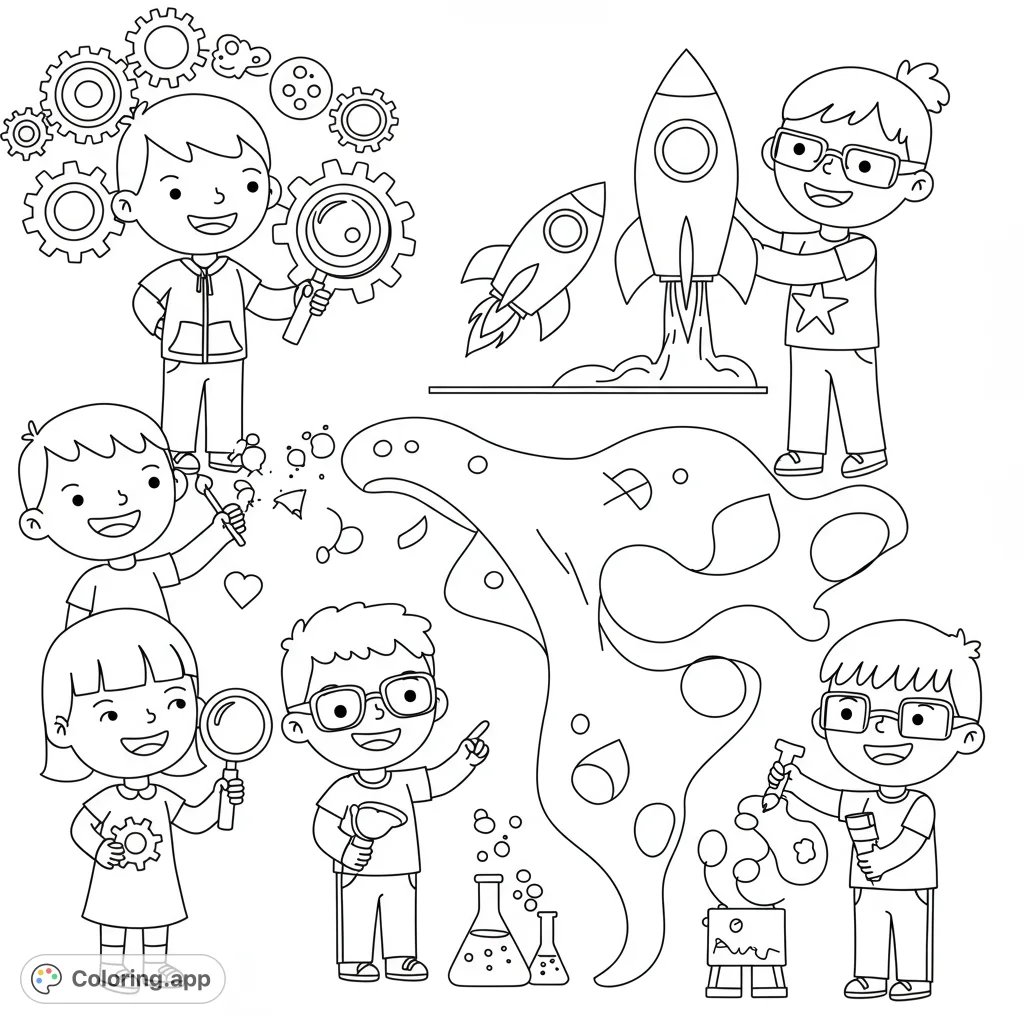 Explore the exciting world of STEAM with smiling children, rockets, gears, and beakers in this fun, simple coloring page perfect for young learners.