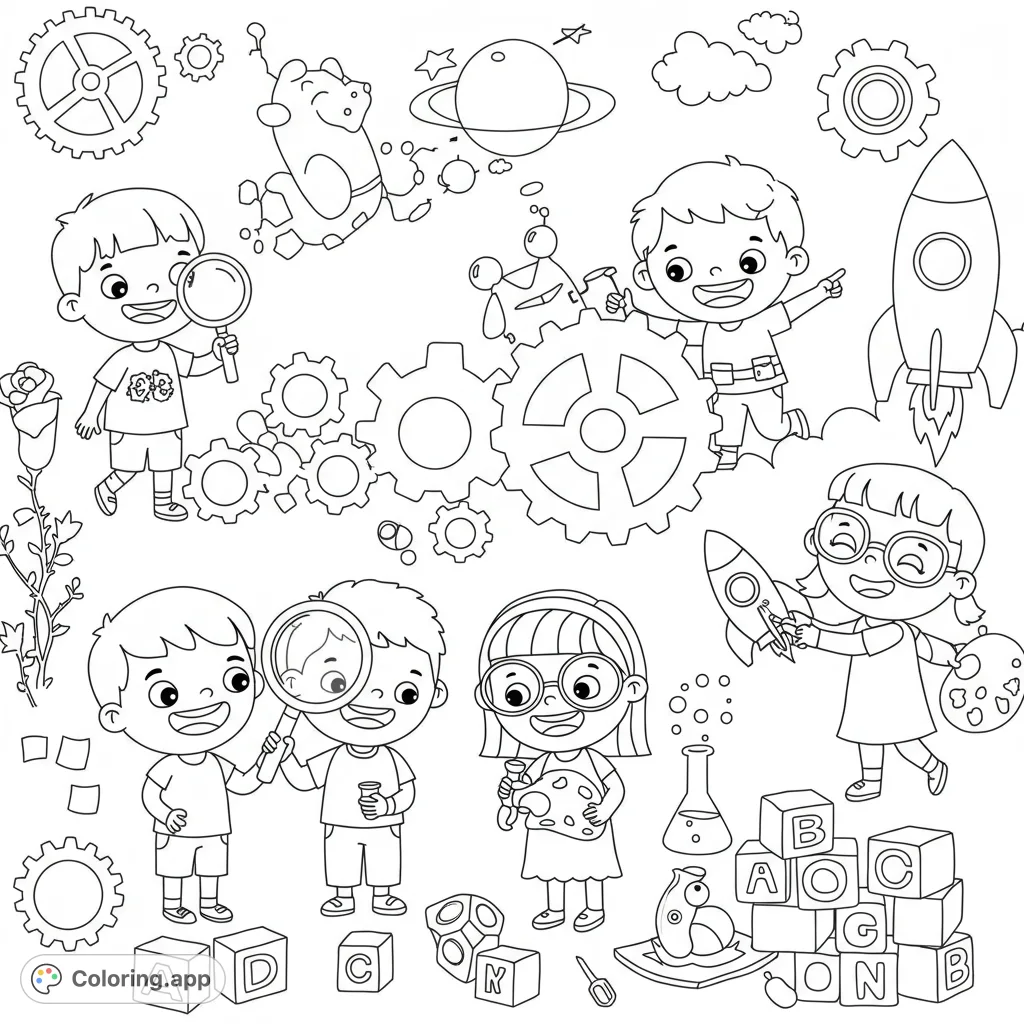 A fun, cartoony STEAM coloring page featuring smiling children exploring science, technology, engineering, art, and math with playful objects.