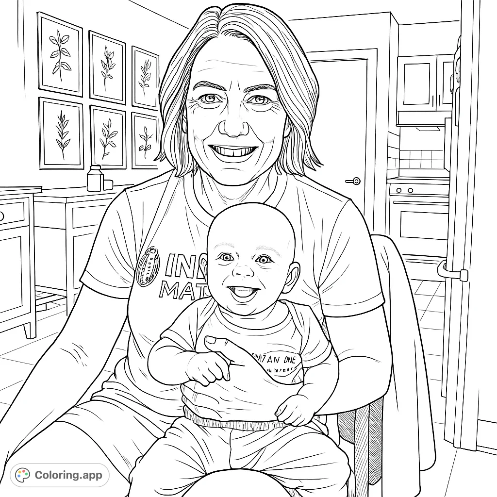 A heartwarming scene of a smiling mother holding her happy baby, perfect for a family-themed coloring page celebrating love and connection.