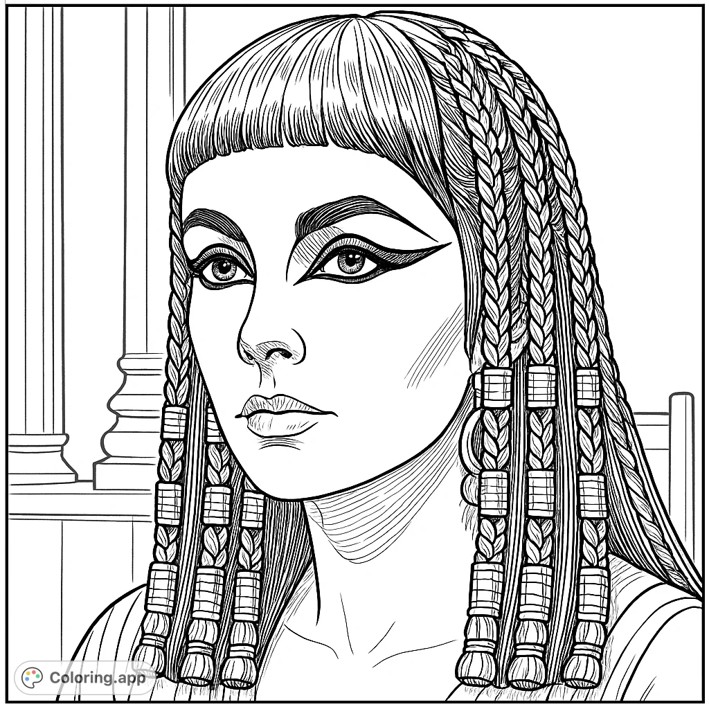 Capture the allure of an ancient queen with this detailed Egyptian queen coloring page. Features intricate braids, dramatic eye makeup, and regal adornments.