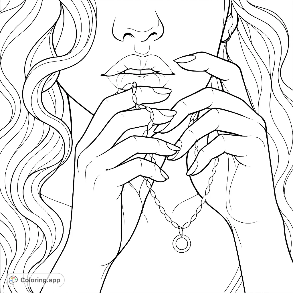 A captivating pop art portrait featuring a person's hands delicately holding a beaded necklace near their mouth, framed by flowing, stylized hair.