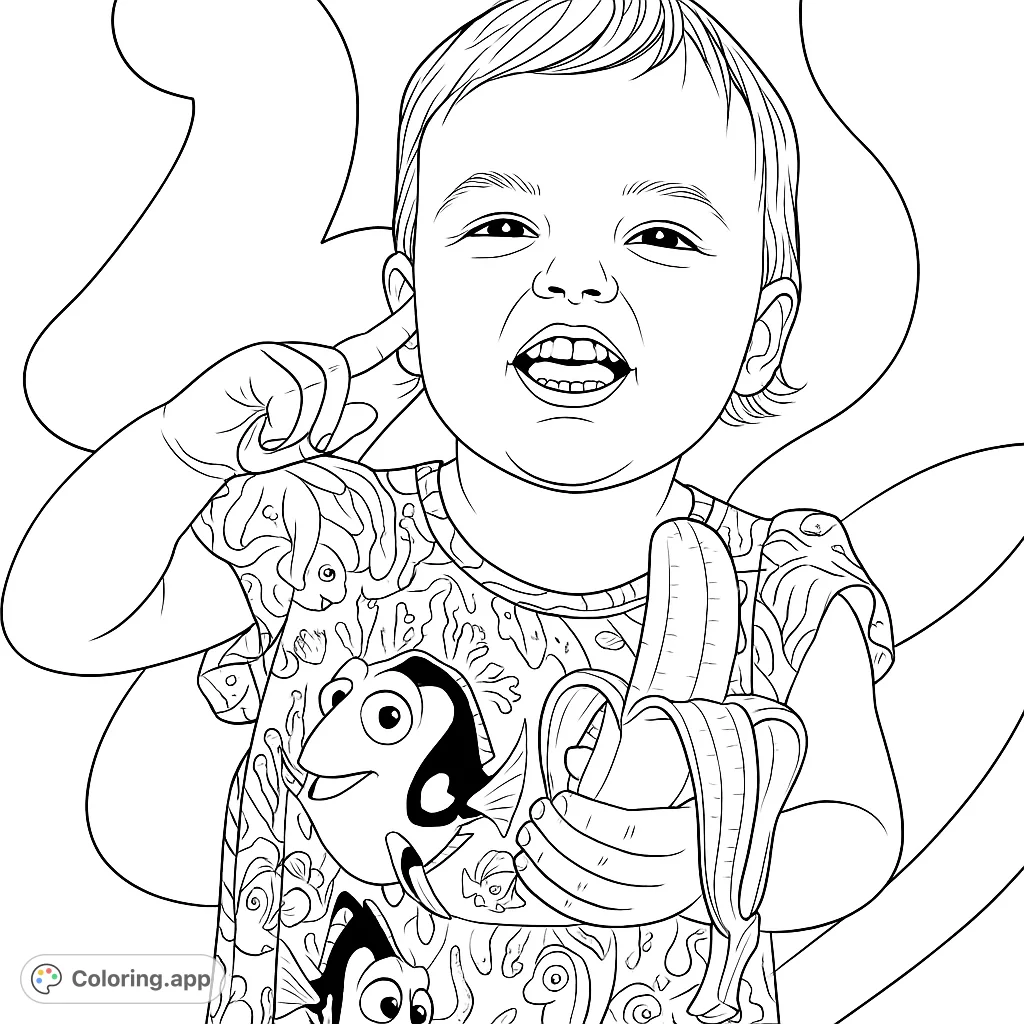 A joyful child holds a peeled banana, wearing a fun character dress. Perfect for a delightful and engaging coloring activity.
