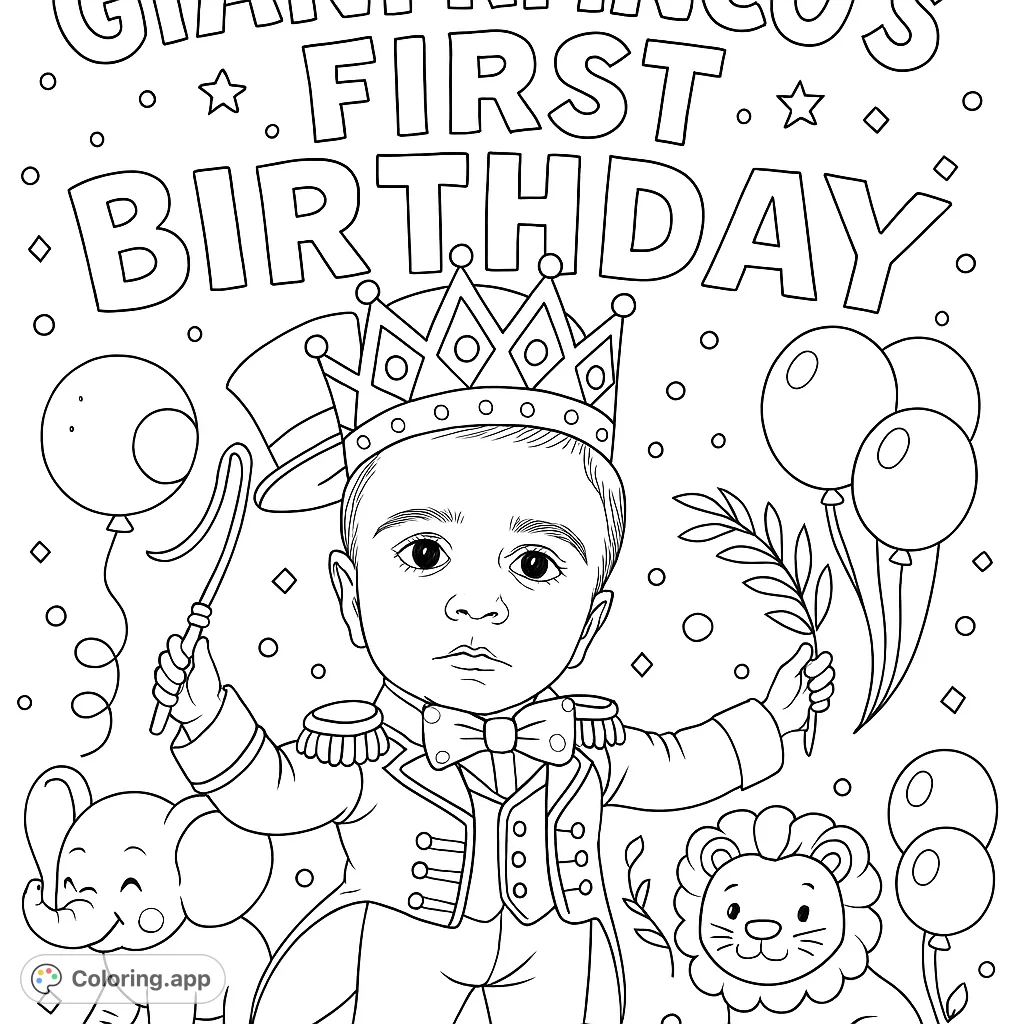 Celebrate with a charming baby ringmaster, playful circus animals, and festive balloons. A delightful birthday circus coloring page for all ages.