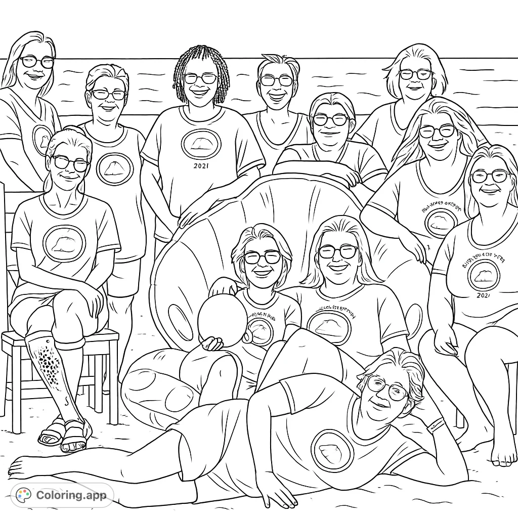 Capture the joy of friendship with this beach retreat coloring page. A diverse group of women pose on the sand, ready for your creative touch.