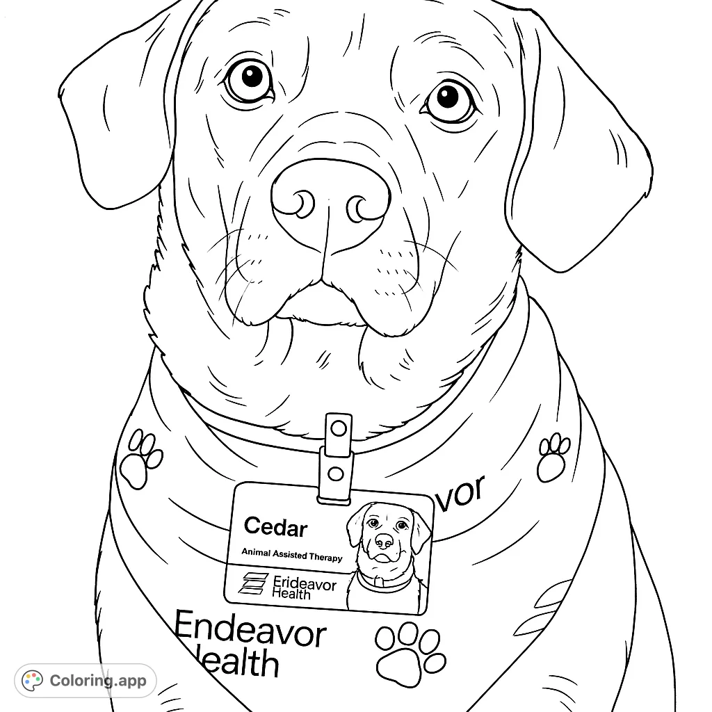 Color a heartwarming portrait of a friendly therapy dog wearing its special bandana and ID badge. Perfect for dog lovers of all ages!