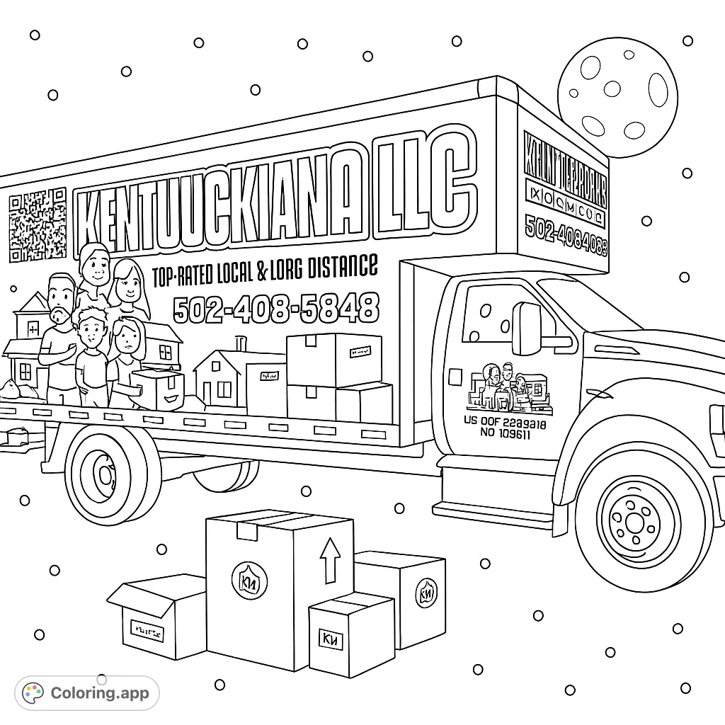 Embark on a moving truck coloring page journey! Featuring a cheerful cartoon family, stacks of boxes, and a detailed truck, perfect for kids.