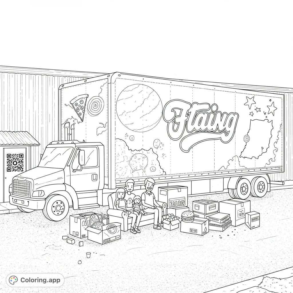 A fun moving day scene featuring a cartoon family, moving trucks, boxes, and playful food items, with joined Kentucky and Indiana state outlines.