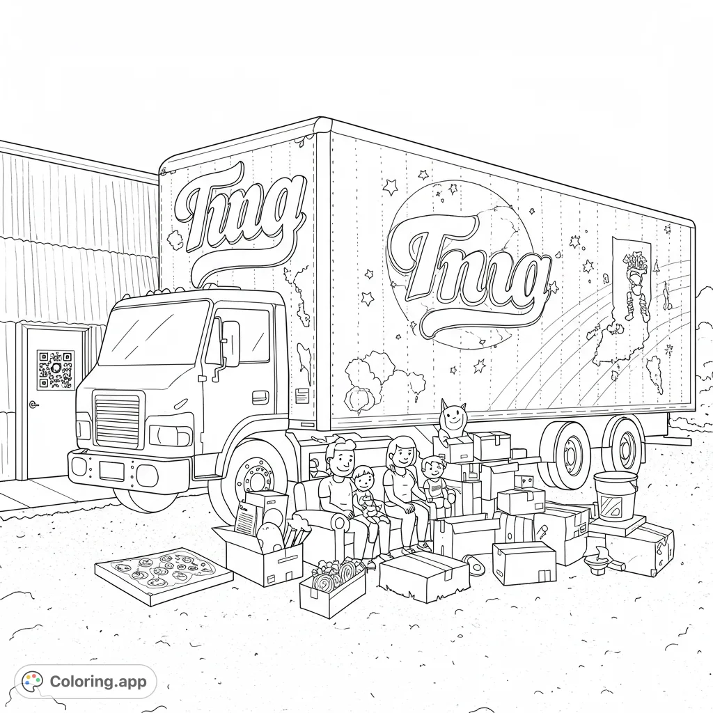 A fun moving day scene featuring a cartoon family, moving trucks, boxes, and playful food items, with joined Kentucky and Indiana state outlines.