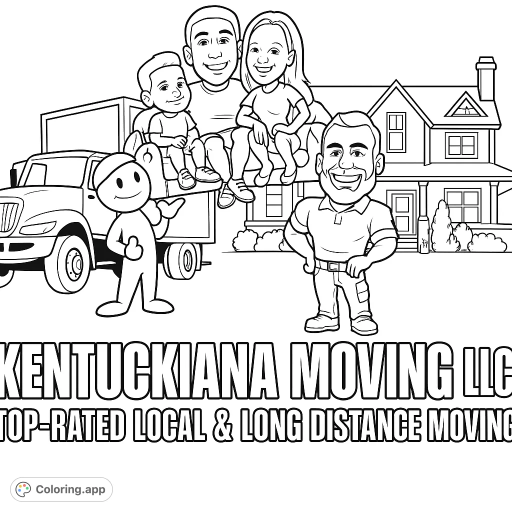 A cheerful family moving scene featuring a truck, a new home, and friendly characters, perfect for a fun and engaging coloring experience.