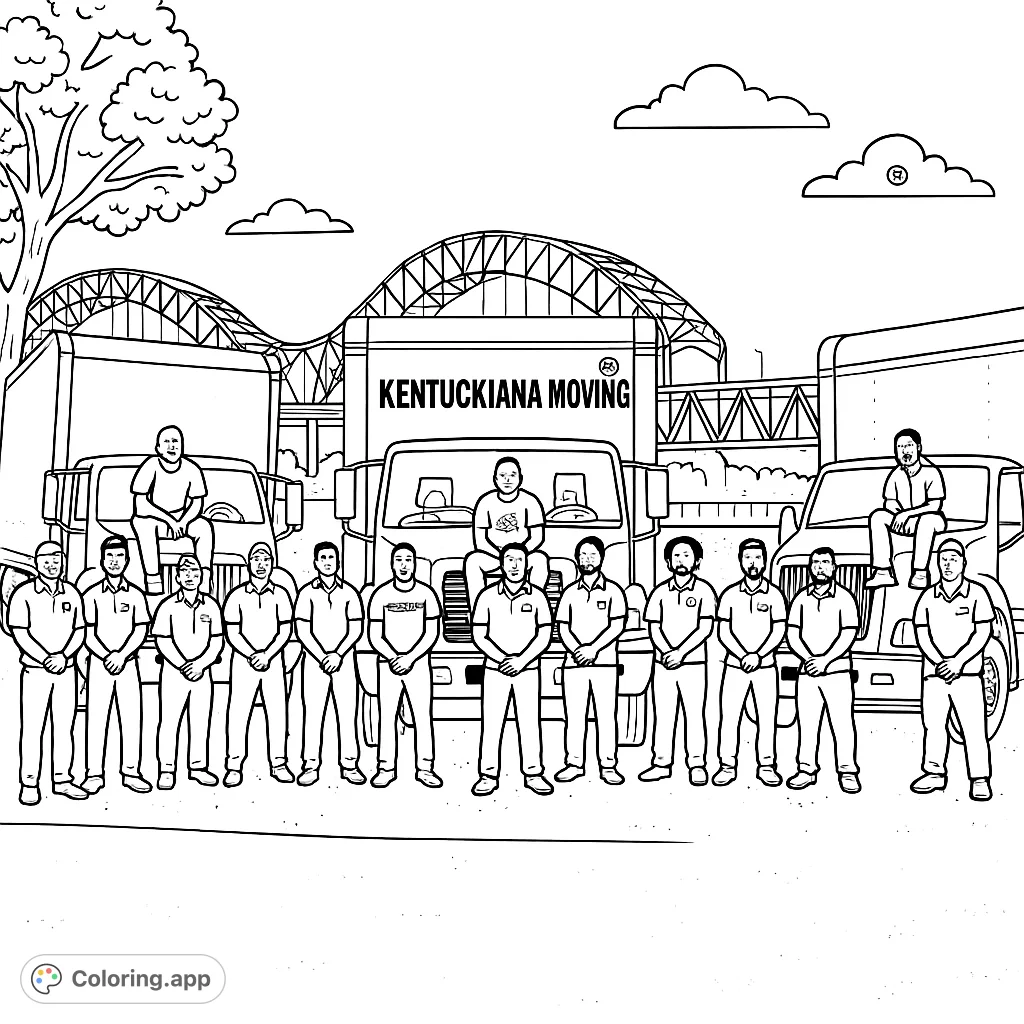 A dynamic scene featuring a team of movers with their large trucks, set against a backdrop of an impressive arched bridge. Perfect for all ages.