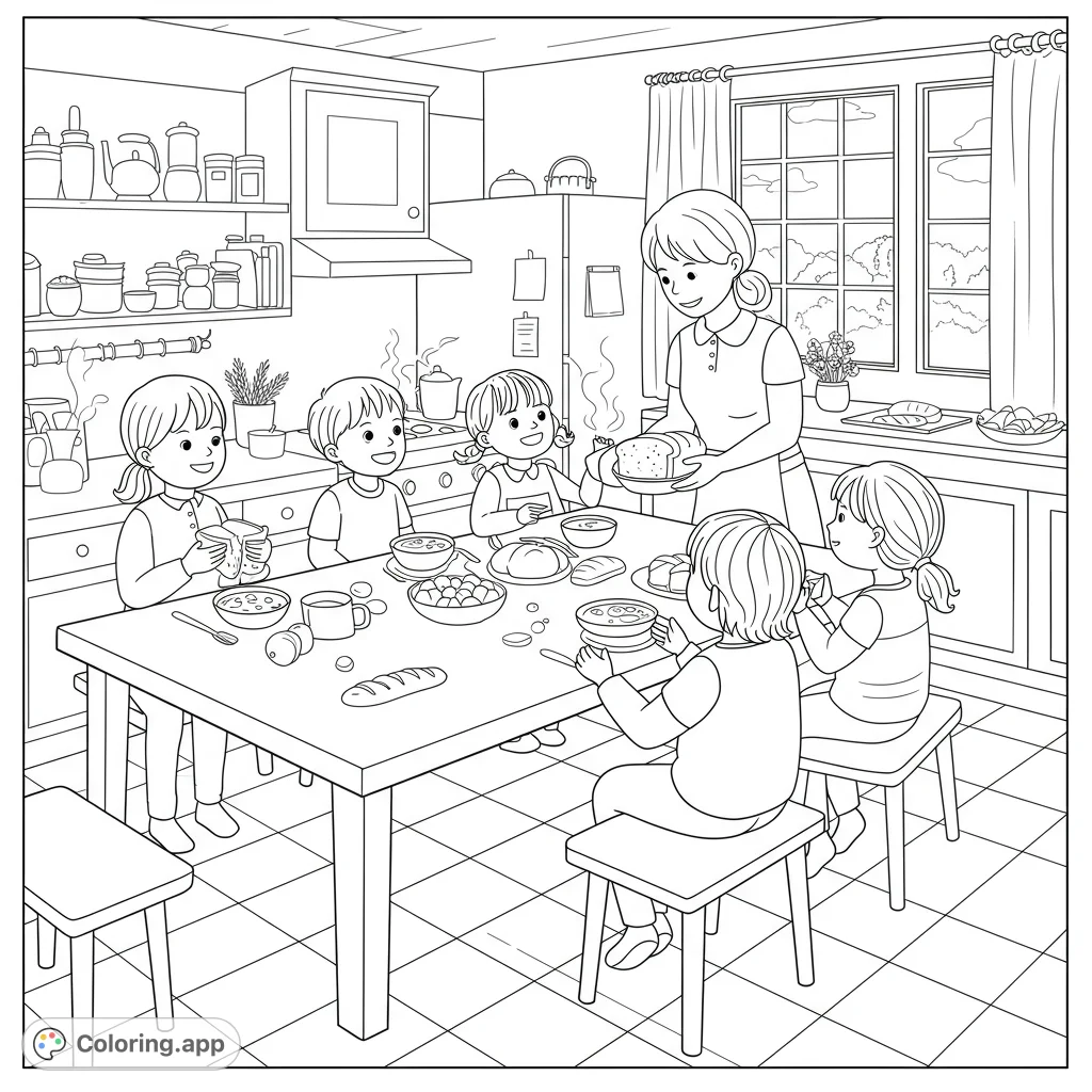 A heartwarming community kitchen scene with children sharing food, bathed in sunlight. A free printable community kitchen coloring page for all ages.