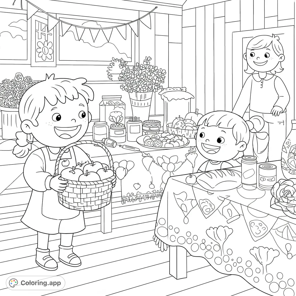 A heartwarming scene of children sharing a basket of food at a community drive, featuring a table filled with produce and a friendly adult.