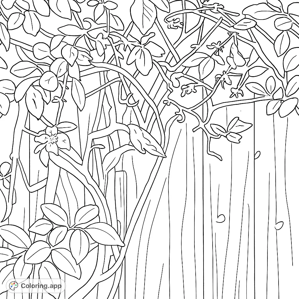 A charming bird rests on a branch amidst lush leaves and flowers, set against a rustic wooden fence. A delightful nature scene for coloring.
