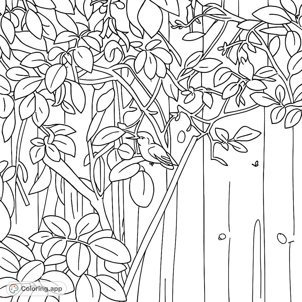 A delicate hummingbird perches on a vine against a rustic wooden fence, surrounded by lush leaves and small blossoms. A charming nature scene.