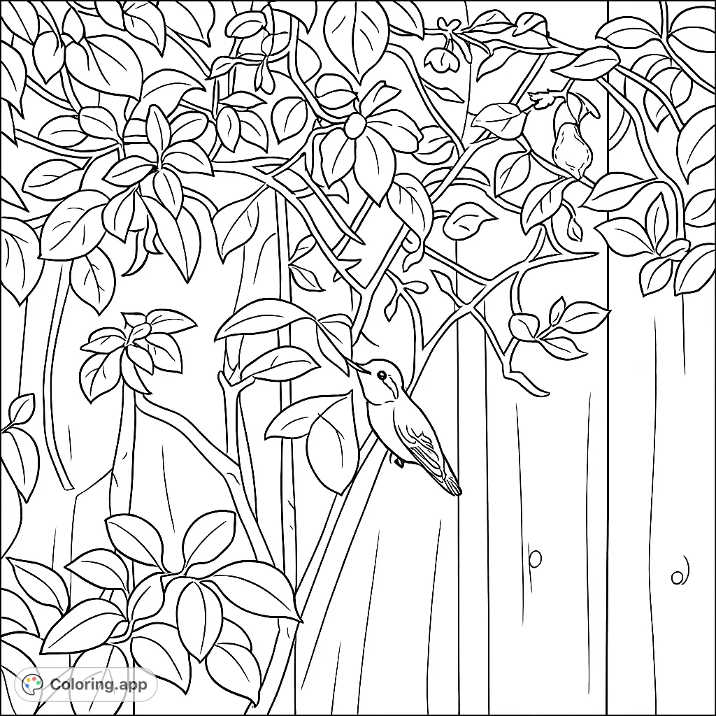 Discover a delicate hummingbird perched on a garden fence, surrounded by lush leaves and blooming flowers. A charming nature scene for peaceful coloring.