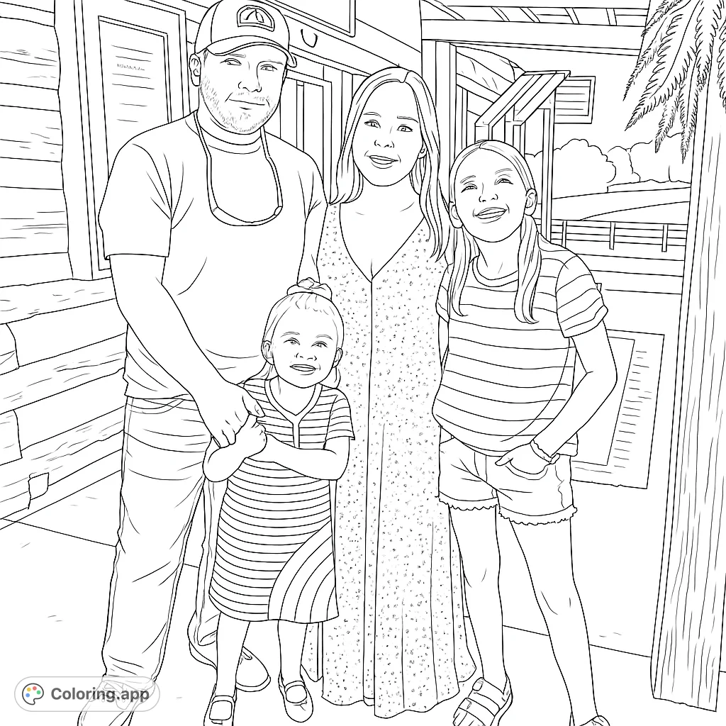 A heartwarming family portrait featuring two adults and two children, standing together in front of a rustic cabin, perfect for a personalized coloring experience.