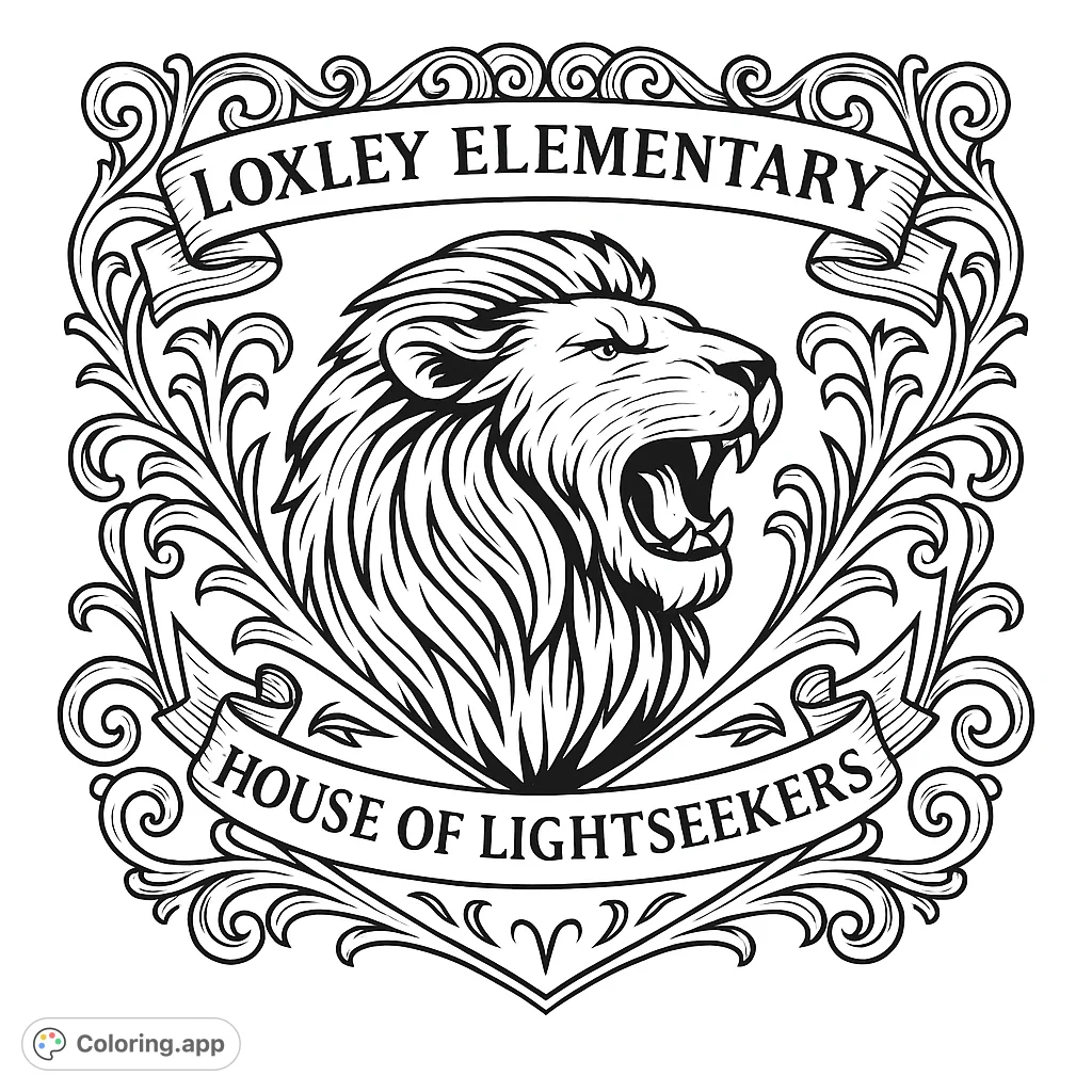 A powerful roaring lion emblem within an ornate shield, featuring banners with text, perfect for a school or house crest coloring page.