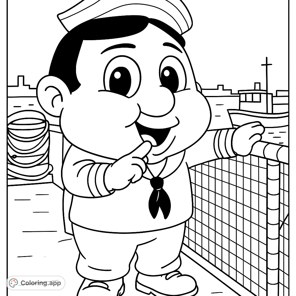 A cheerful sailor mascot stands on a boat deck, pointing towards a distant city. A fun, cartoony scene perfect for young colorists.