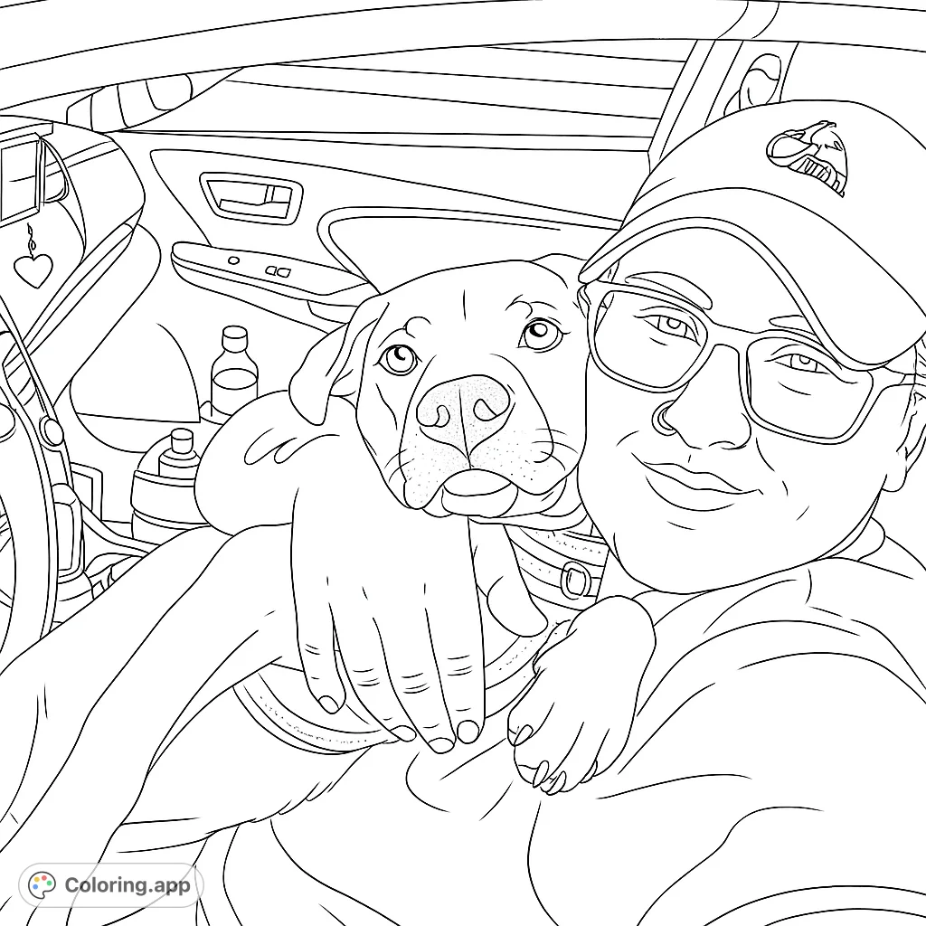 A heartwarming scene of a person embracing their beloved dog inside a car, perfect for pet lovers and a free printable coloring page.