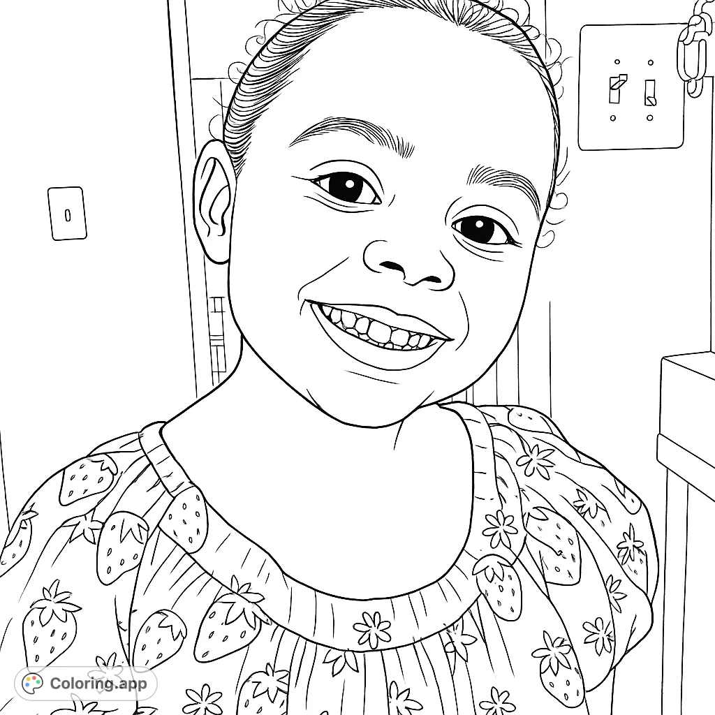 Capture a joyful moment with this smiling child coloring page. Features a sweet face and a fun fruit and flower patterned top, perfect for creative expression.