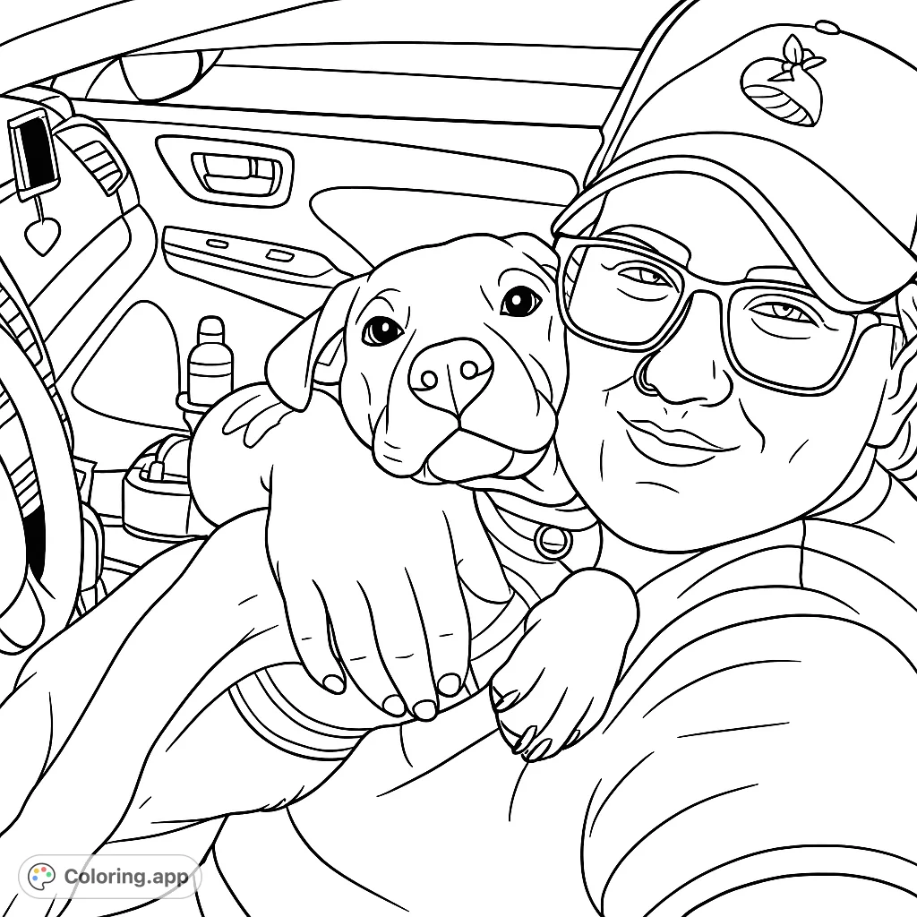 An adorable puppy snuggled close to its human companion inside a car, capturing a heartwarming moment of pet love and companionship.
