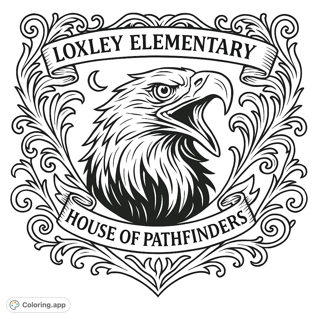 A detailed heraldic crest featuring a majestic eagle, ornate banners, and intricate scrollwork, perfect for school spirit or a challenging coloring project.