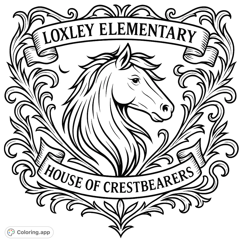 Color a majestic horse crest emblem with intricate scrollwork and banners. A detailed design for creative expression and school spirit.