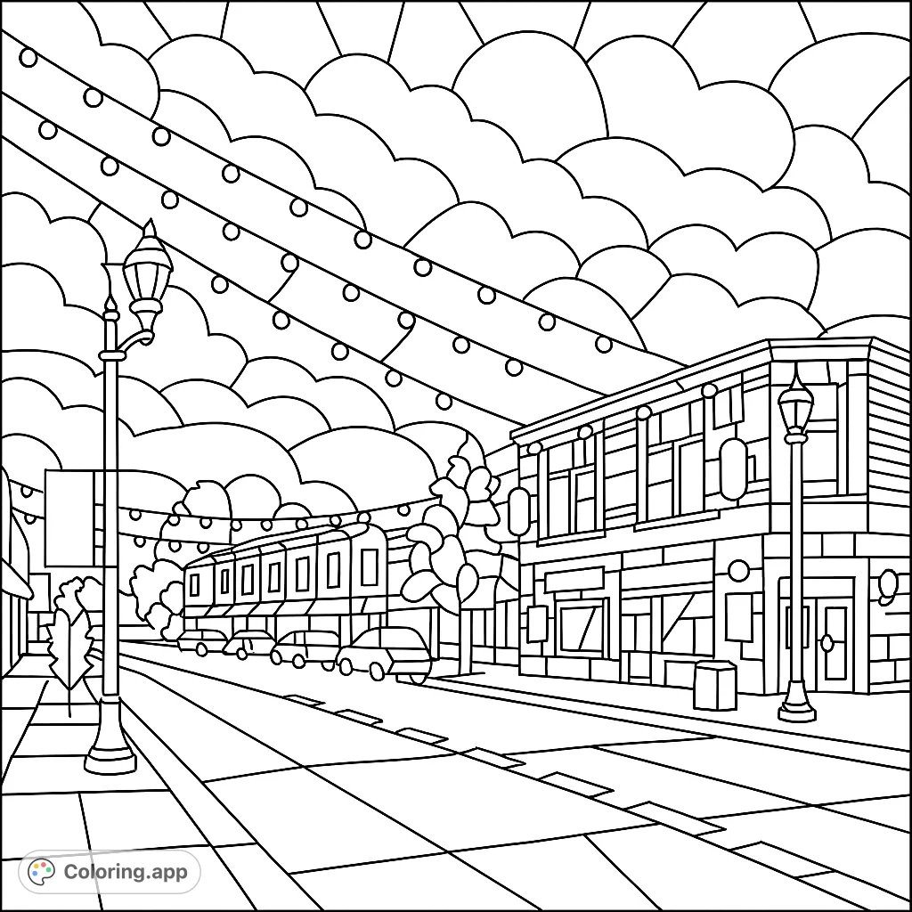 A charming downtown street scene with buildings, parked cars, and festive string lights, rendered in a simple stained glass style for a unique coloring experience.