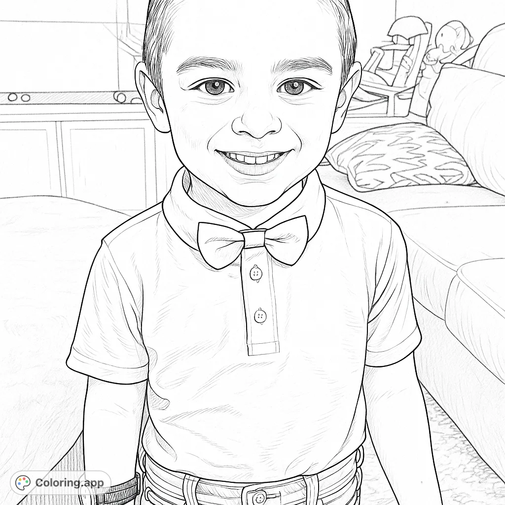 A charming coloring page featuring a smiling young boy in a collared shirt and bow tie, perfect for creative expression and fine motor skill development.