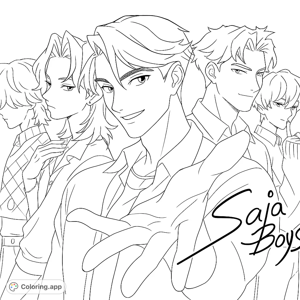 Color a dynamic group of five stylish anime boys with unique hairstyles and expressive poses. Perfect for fans of character art and modern fashion.