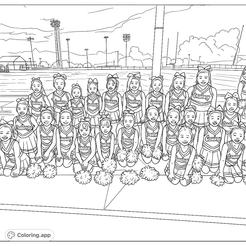 Join a lively youth cheer squad on the track! This dynamic coloring page features many young cheerleaders with pom-poms, ready for spirited fun.