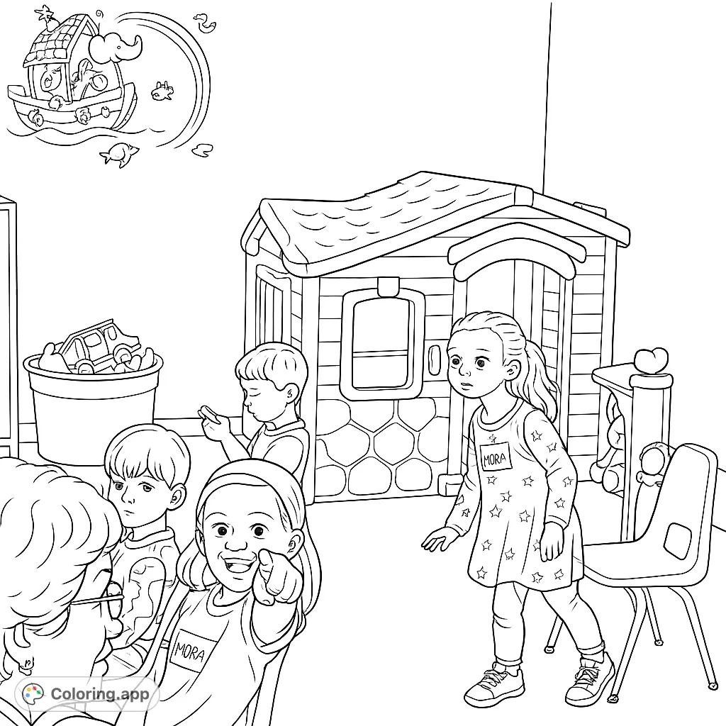 Capture the lively energy of children in a playroom with a pointing girl, a playhouse, and a wall mural. Perfect for young artists!