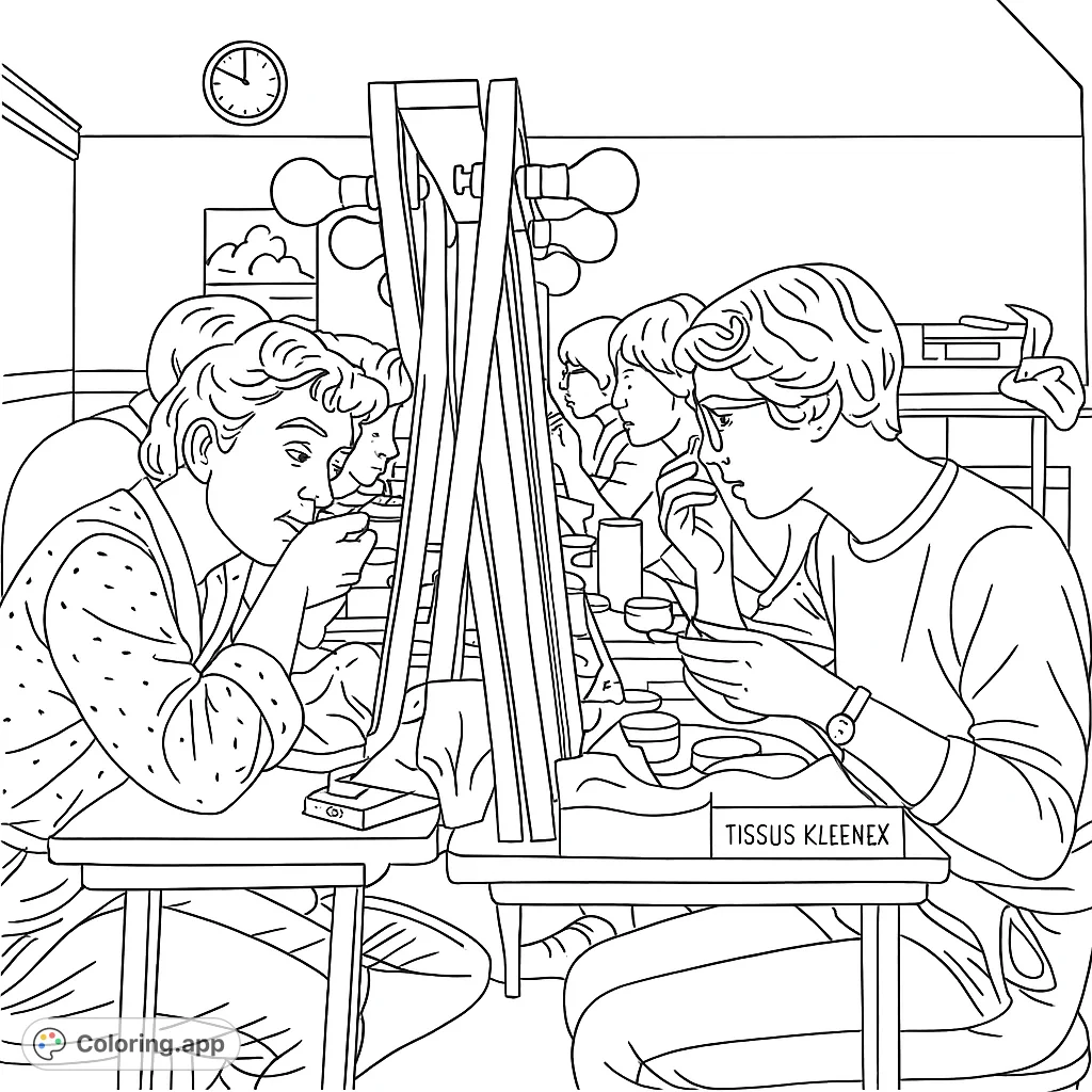 Step into a vintage backstage scene. Color individuals preparing at a mirror with bright lights, surrounded by makeup and a classic dressing room setting.