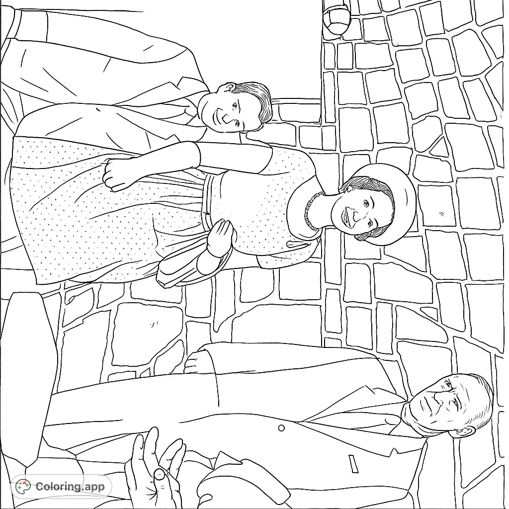 An elegant formal gathering scene featuring a woman in a patterned dress and men in suits against a textured stone wall. A sophisticated coloring page.