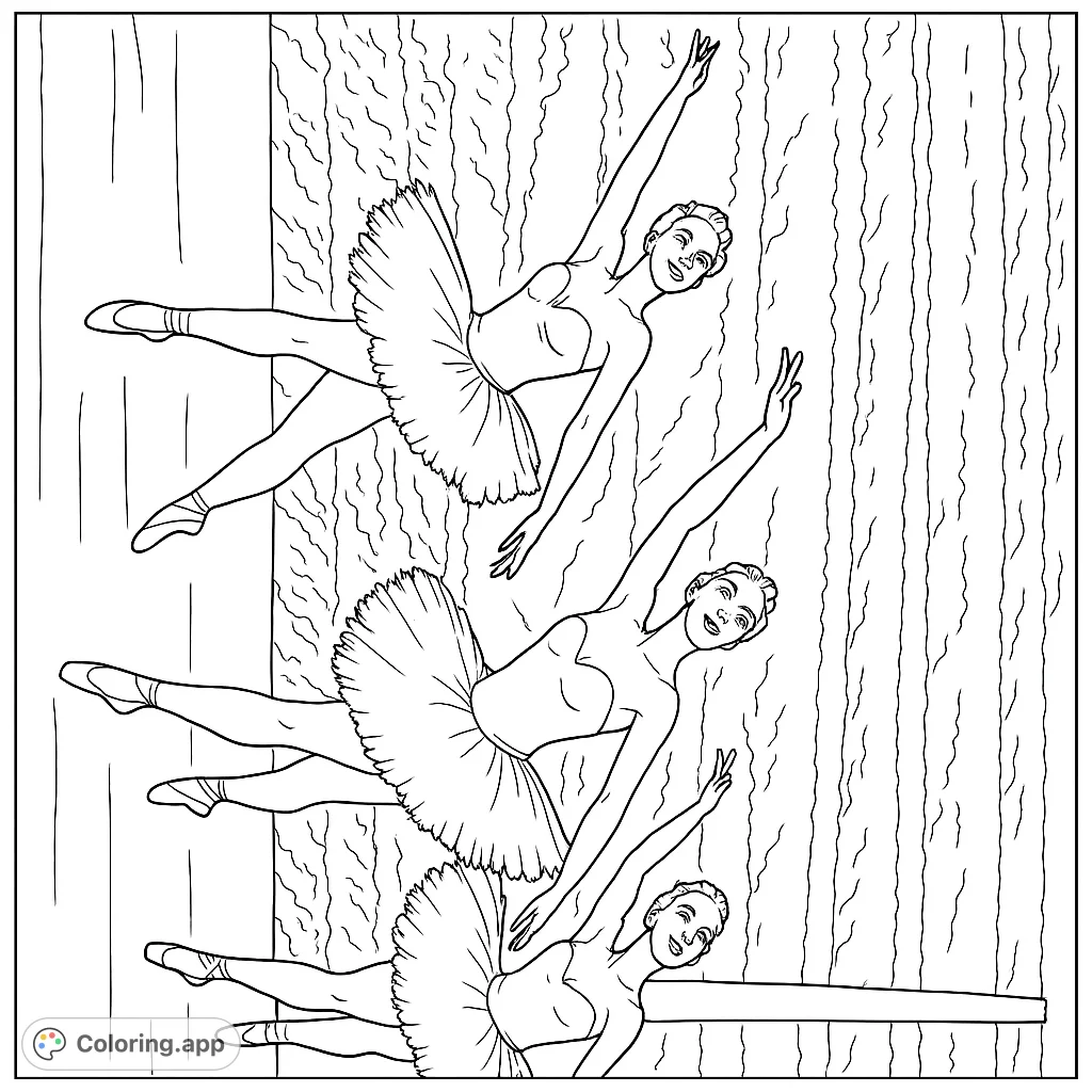 Step into the world of dance with this elegant ballet coloring page. Three graceful ballerinas in tutus pose on stage, ready for your creative touch.