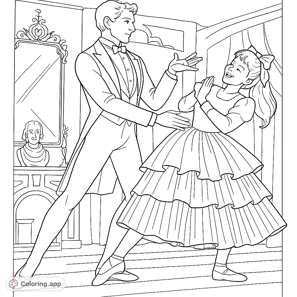 Capture the elegance of ballet with two graceful dancers on stage. A beautiful performance scene perfect for all ages to color and enjoy.