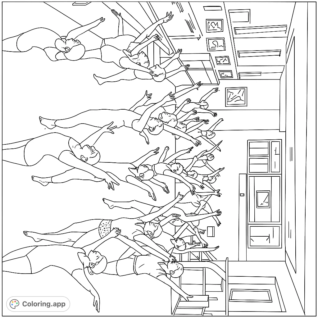Capture the elegance of a dance studio ensemble with this detailed coloring page, featuring multiple figures in dynamic poses within a spacious studio.
