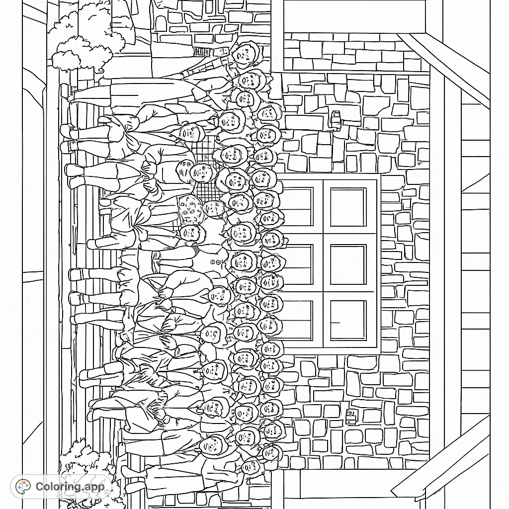 Capture a moment in time with this historic group portrait coloring page. Features many individuals before a detailed stone building.