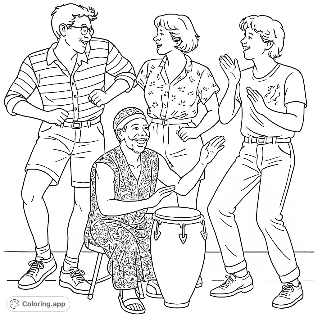 Dynamic scene of musicians and dancers performing, featuring drums and expressive movement. A vibrant music and dance coloring page.