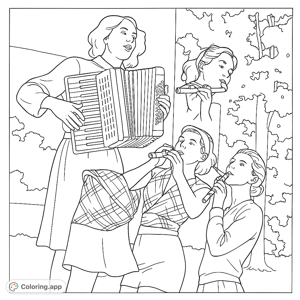 A charming scene of three women enjoying music outdoors, featuring an accordion and detailed attire. Perfect for a relaxing coloring experience.