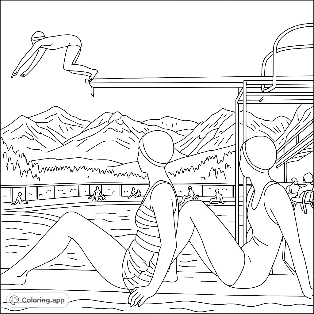 A captivating vintage swimming pool scene featuring a diver mid-air, two women observing, and a majestic mountain backdrop.