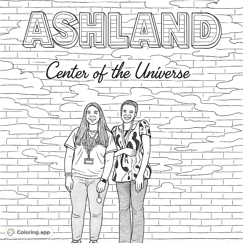Two friends pose before a vibrant "Greetings from Ashland" mural. A fun, urban scene perfect for adding your own creative flair to the detailed wall art and figures.