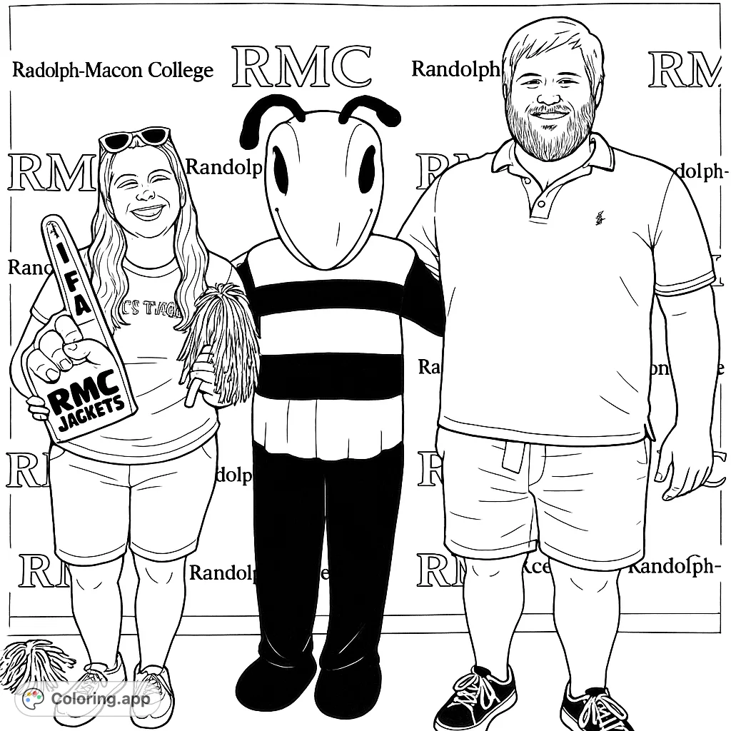 Celebrate college spirit with this fun coloring page featuring a friendly bee mascot and two students. Perfect for fans of campus life and school pride!