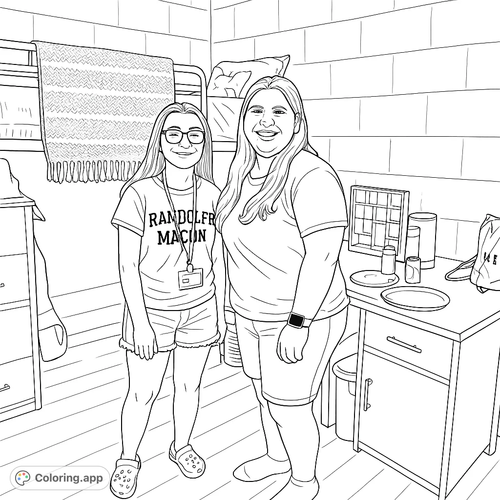 Capture the spirit of friendship in a cozy dorm room scene. Two smiling individuals surrounded by everyday college life essentials, ready for your creative touch.