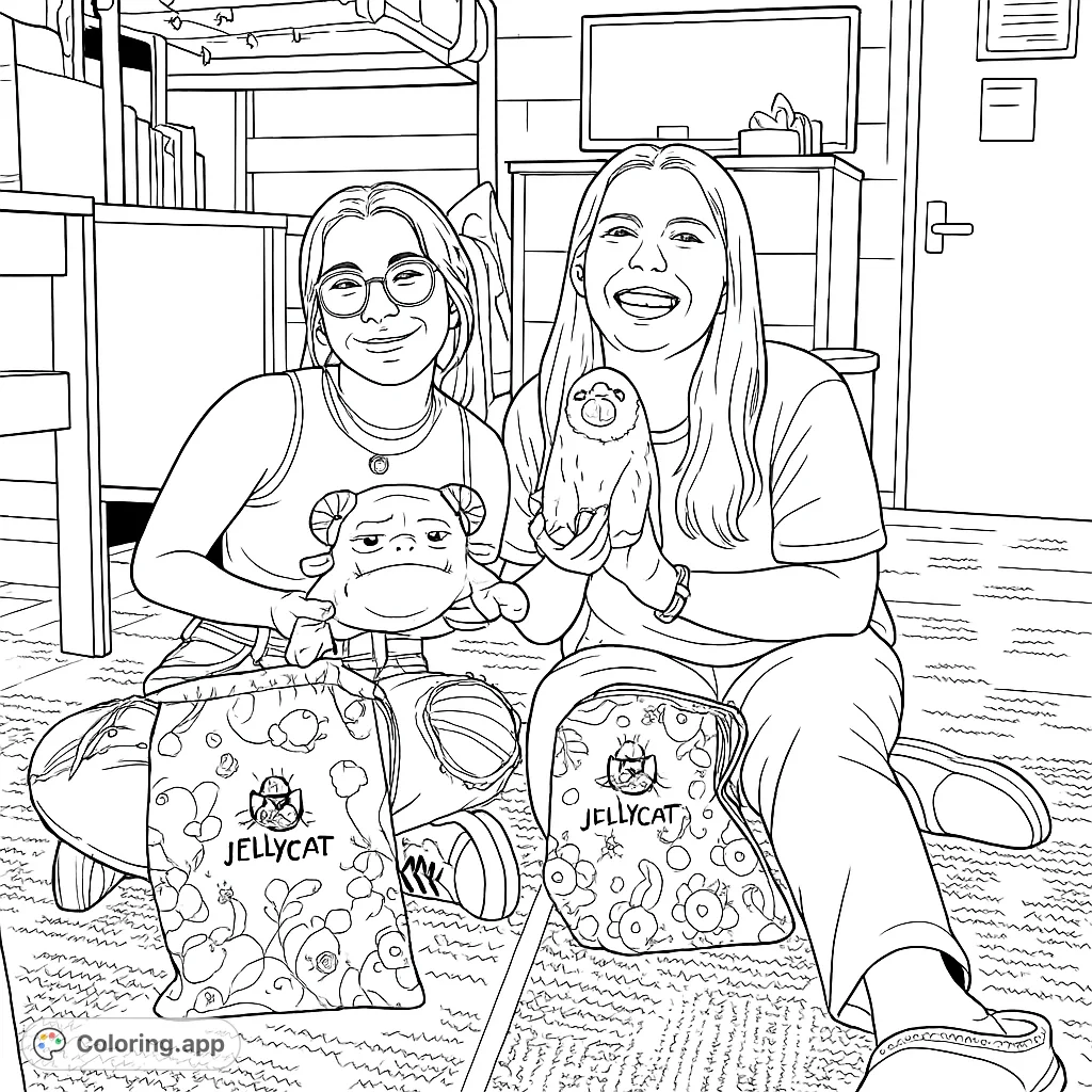 Two friends happily display their plush toys and patterned bags in a cozy room. A fun and engaging friends coloring page for all ages, perfect for creative expression.