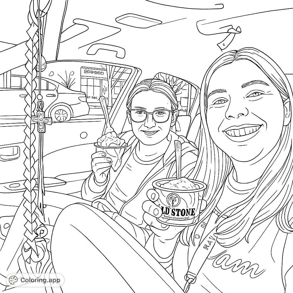 Two friends share a happy moment enjoying sweet treats in a car, with a graduation charm visible. A fun, relatable scene for coloring.