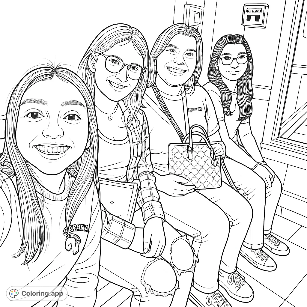 Capture the joy of friendship with four smiling individuals seated together. A heartwarming scene perfect for creative expression.